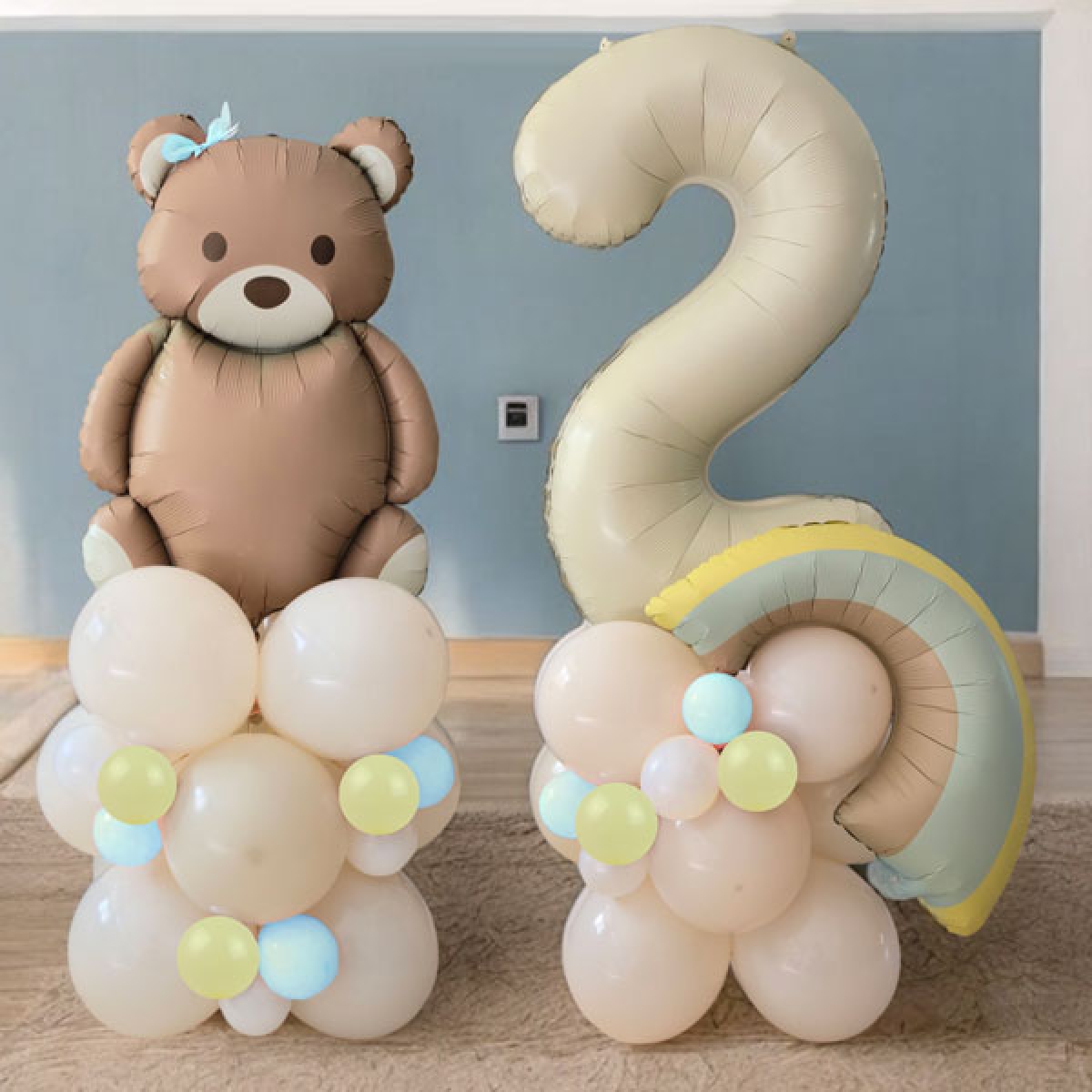 3.5ft Blue Bear-y Cute Rainbow + 1 Number Balloon Centerpiece Standups