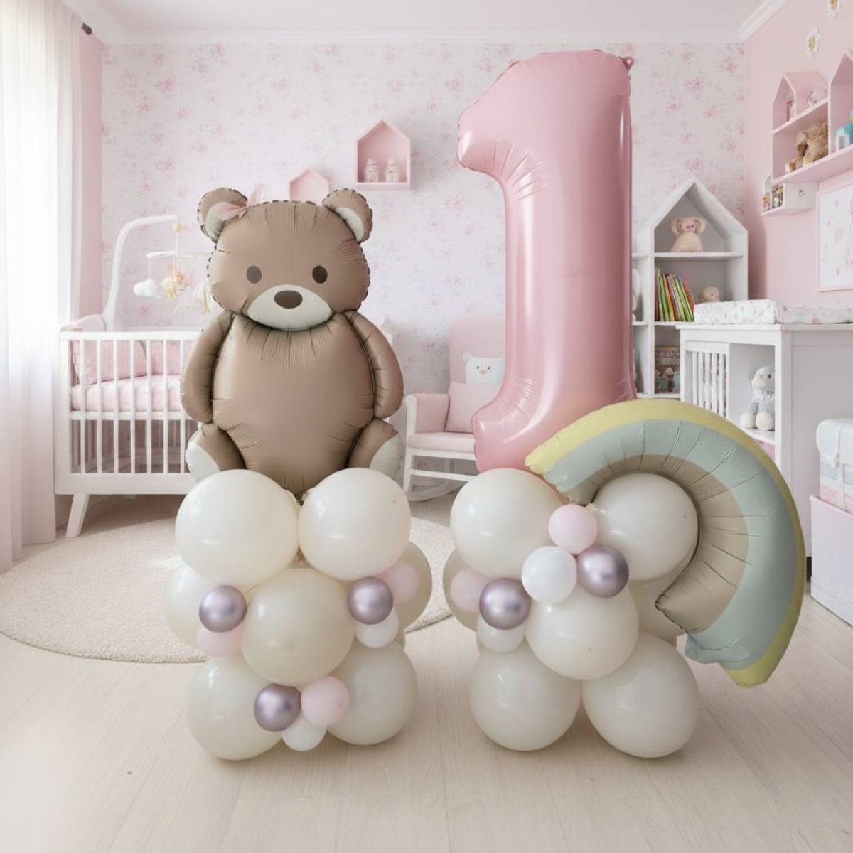 3.5ft Pink Bear-y Cute Rainbow + 1 Pastel Pink Number Balloon Centerpiece Standups