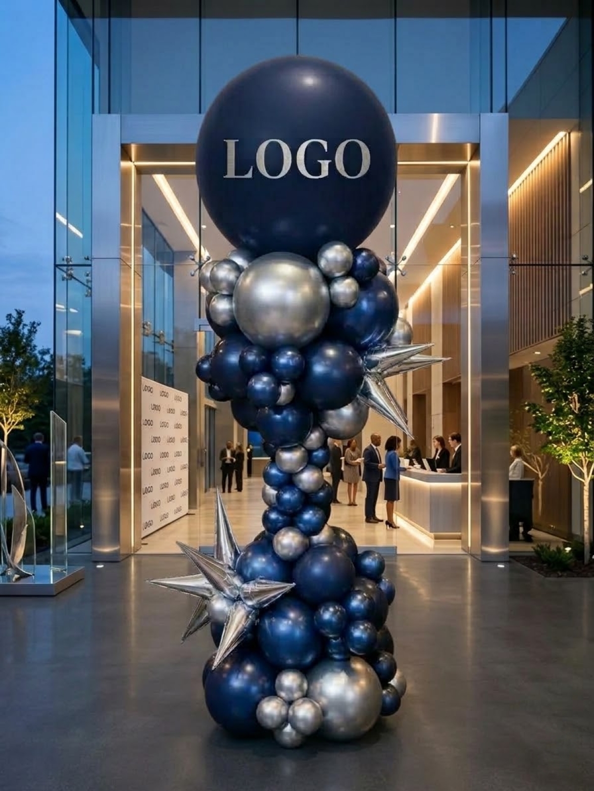7ft Custom Logo Starburst Silver and Navy Balloon Tower