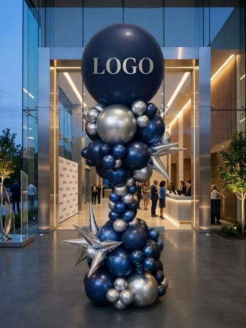 7ft Custom Logo Starburst Silver and Navy Balloon Tower INDOOR