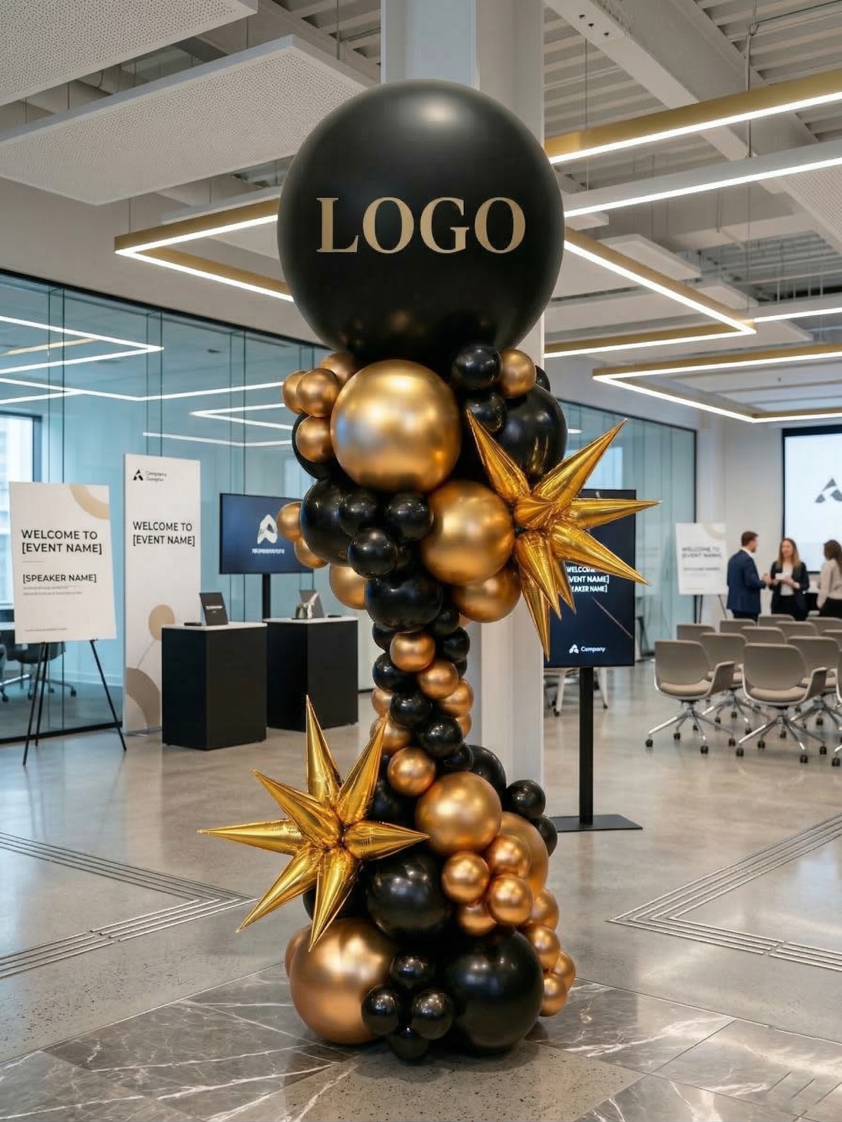 7ft Custom Logo Starburst Black and Gold Balloon Tower