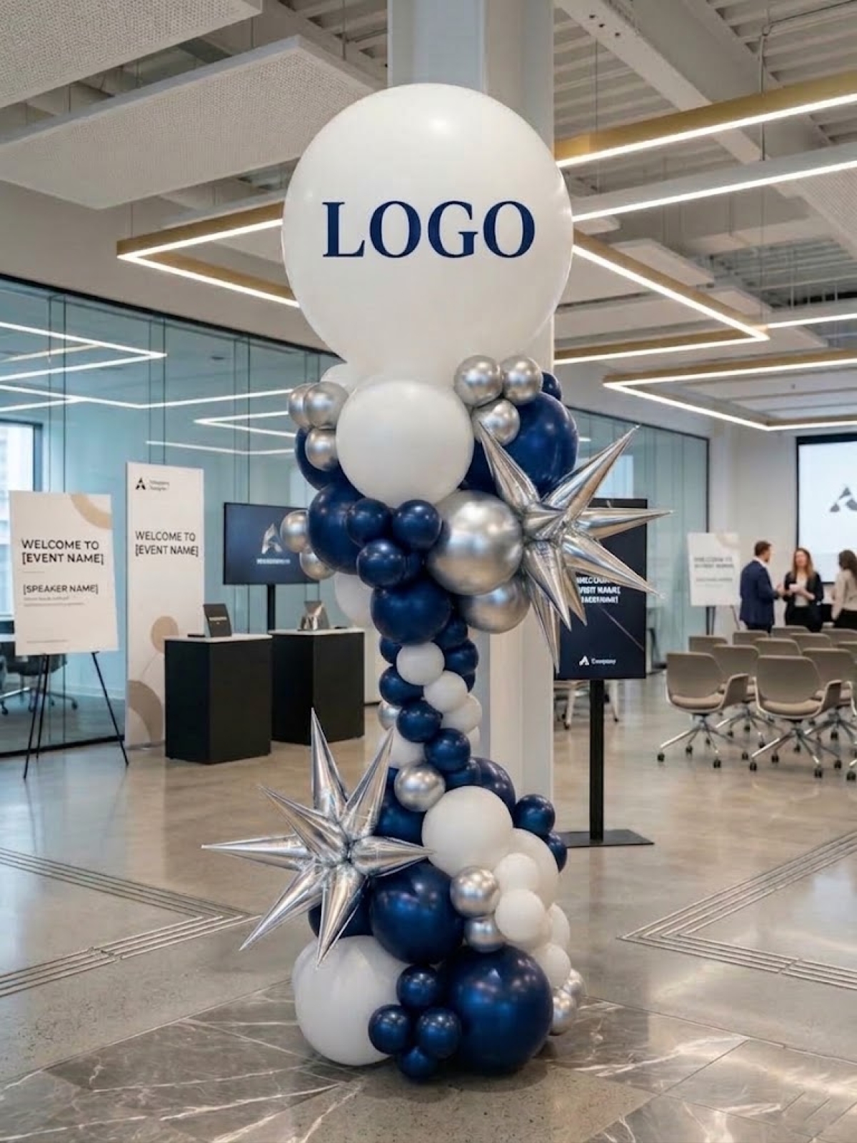 7ft Custom Logo Starburst Silver, White and Midnight Blue Balloon Tower INDOOR