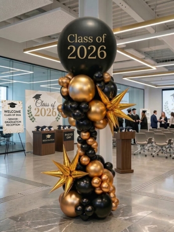 7ft Graduation Starburst Black and Gold Balloon Tower INDOOR