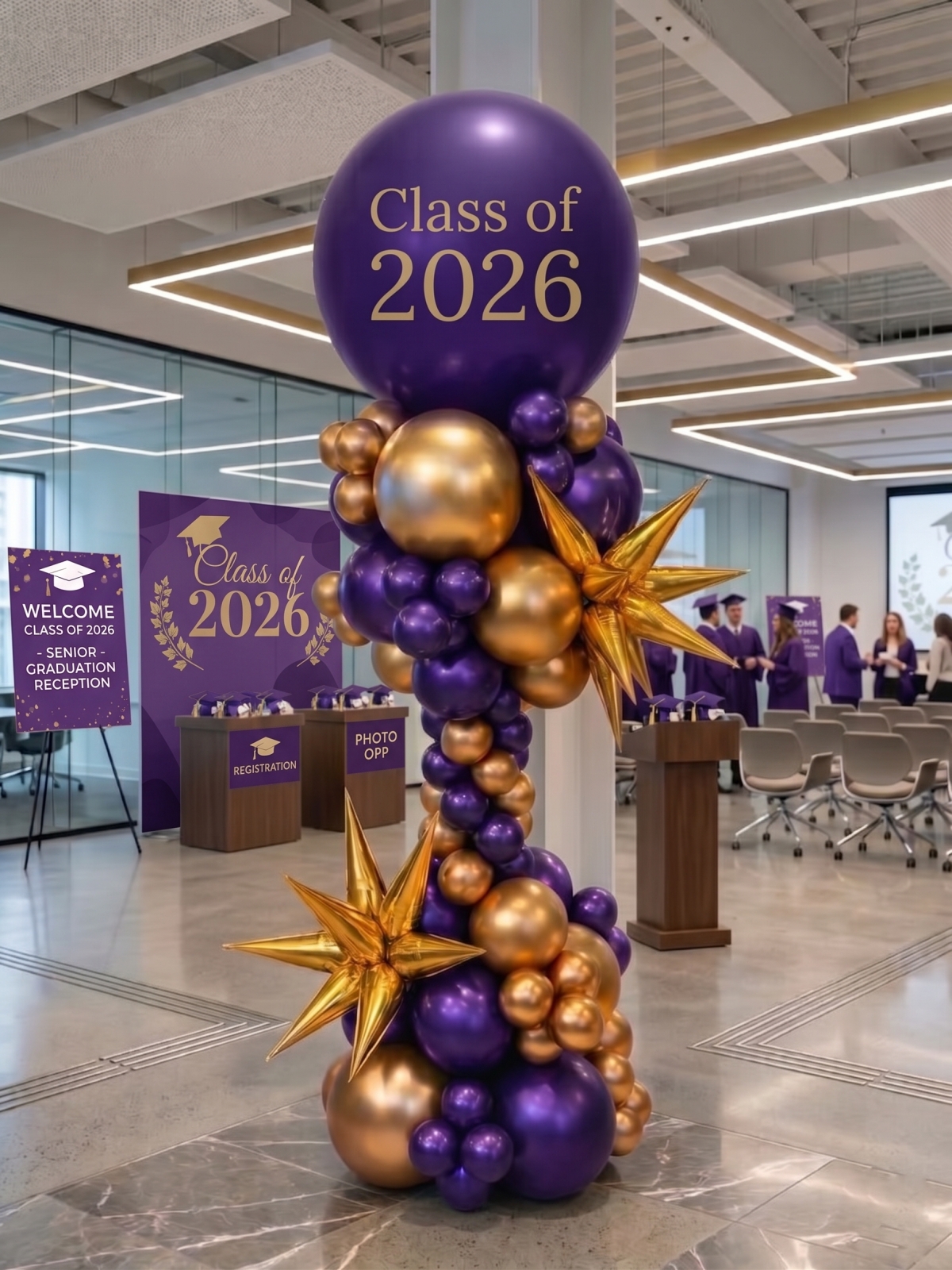 7ft Graduation Starburst Violet and Gold Balloon Tower INDOOR