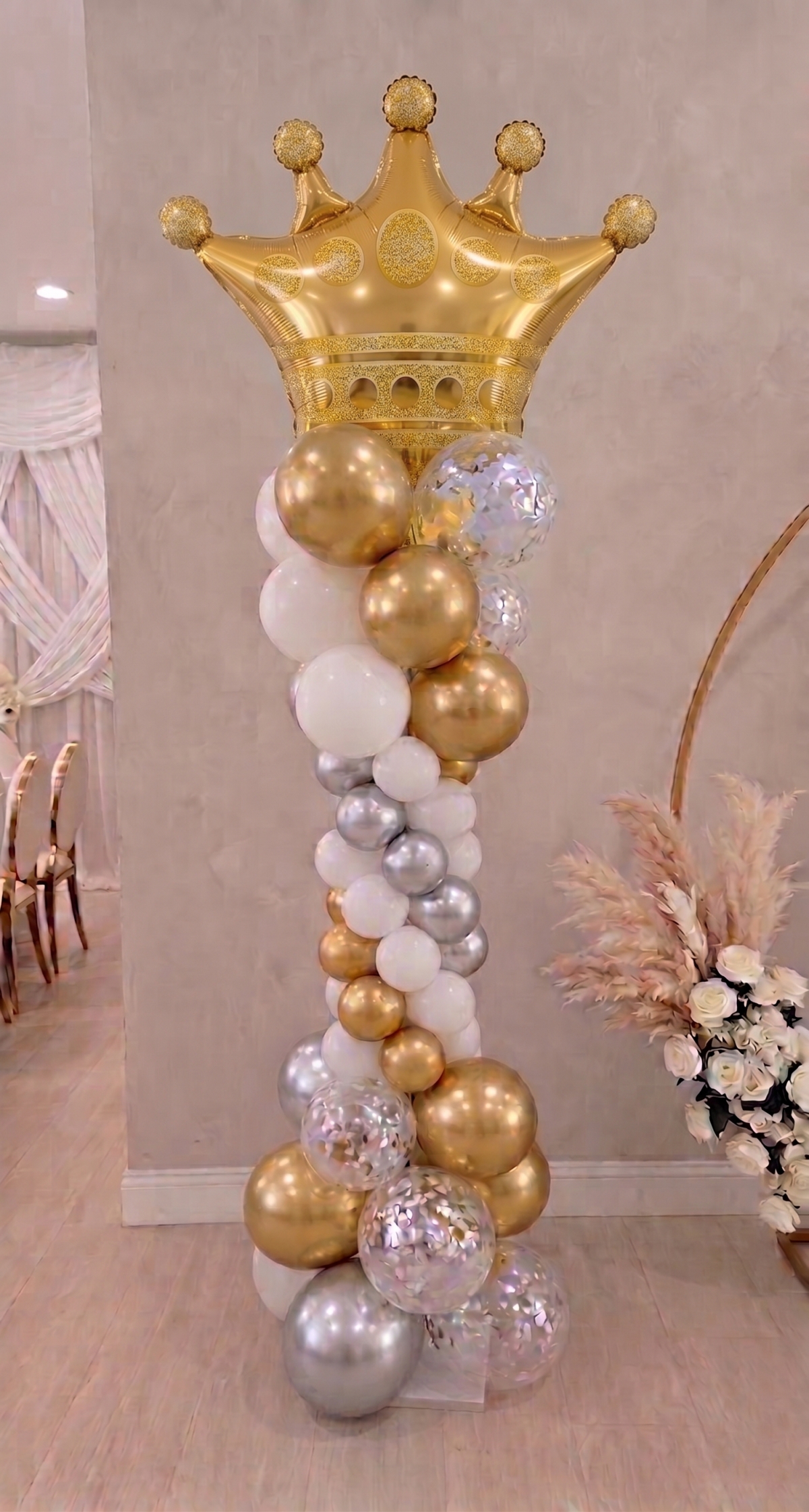 7ft Chrome Gold and Silver Princess Balloon Tower INDOOR