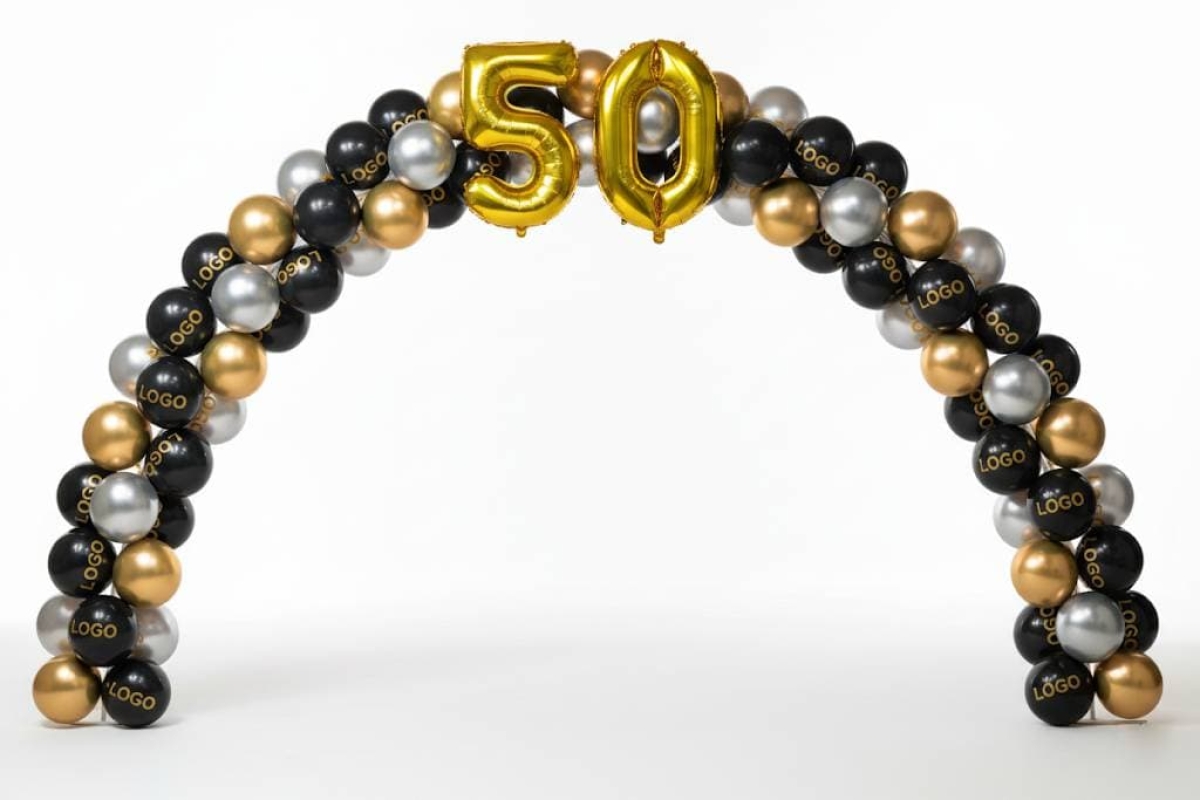 [10x12FT] Indoor Spiral Arch with Custom INK Printed Logo and Anniversary Numbers