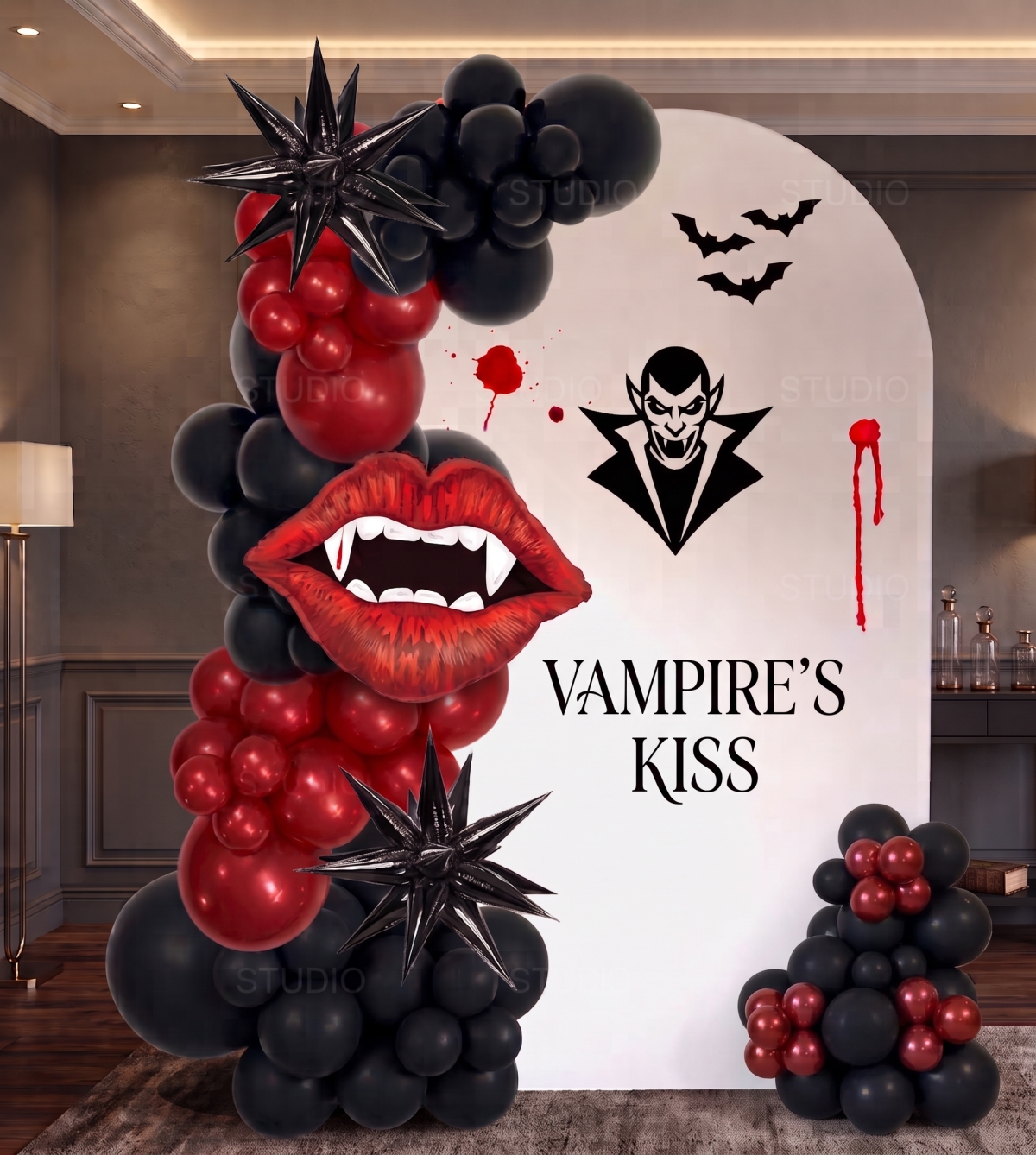 [3 DAY RENTAL] 6.6 ft Backdrop Halloween Dracula Themed and Balloon Garland (Indoor)