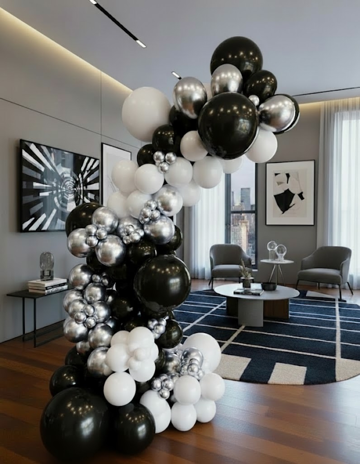 [8x4FT] Organic Black & White Glam Garland Half Arch