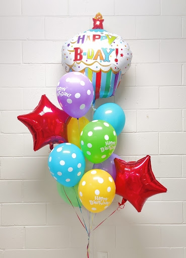 Birthday Striped Cupcake with Polka Dots and Stars Balloon Bouquet