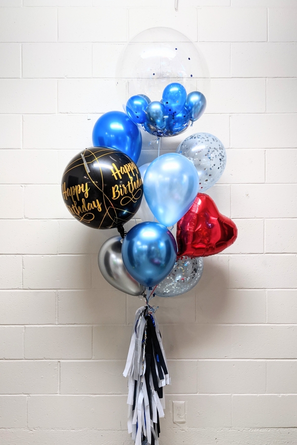 Black & Blue & Heart Birthday Deluxe Gumball Balloon Bouquet