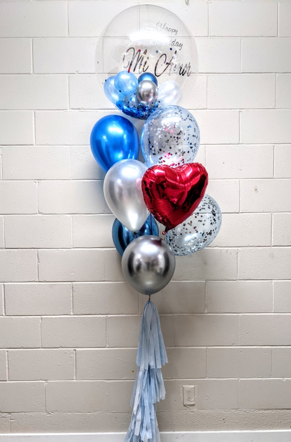 Blue & Heart Elegant Happy Birthday Deluxe Gumball Balloon Bouquet 