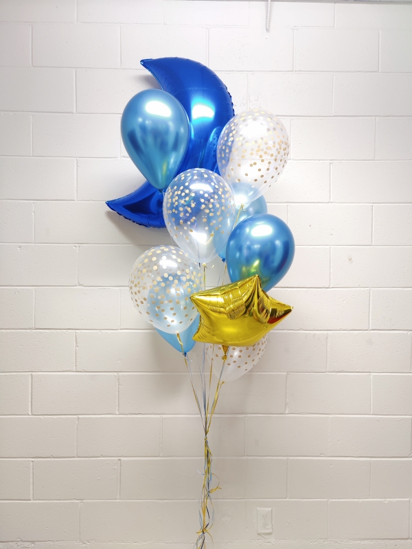 Blue Moon & Gold Star Chrome Confetti Balloon Bouquet