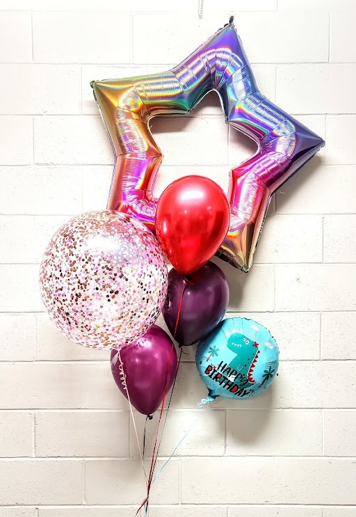 Bold Brightness Burgundy Bouquet With Confetti and Dino Birthday