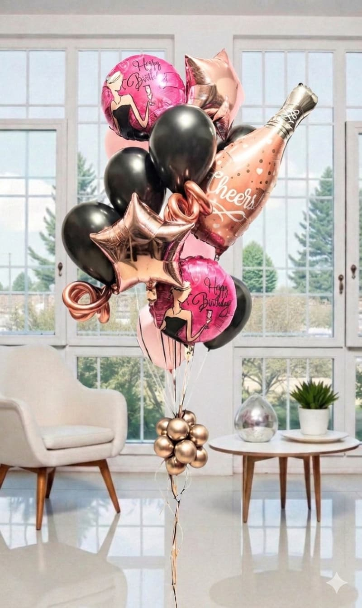 Cheers Black Pink Champagne Balloon Bouquet