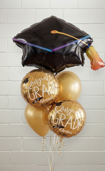 Congrats grad cap with gold balloon bouquet