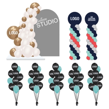 Indoor Custom Print Corporate Balloon Package: 1 Organic 1-Side Garland on Base, 2 Columns, 5 Bouquets of 10