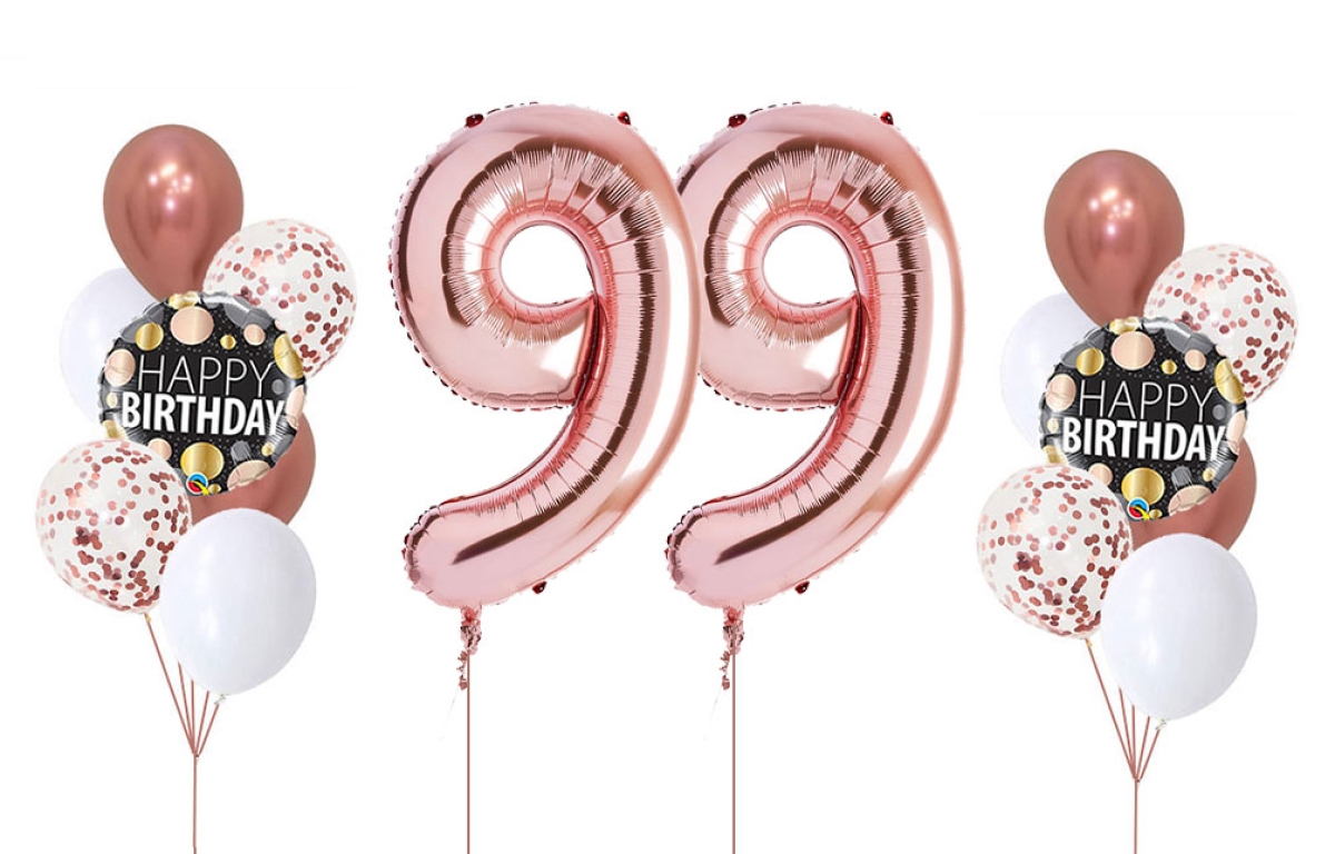 Dual Bouquet Confetti Birthday Backdrop Pick An Age Balloon Set in Rose Gold