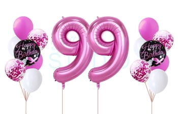 Dual Bouquet Confetti Birthday Backdrop Pick An Age Balloon Set in Hot Pink