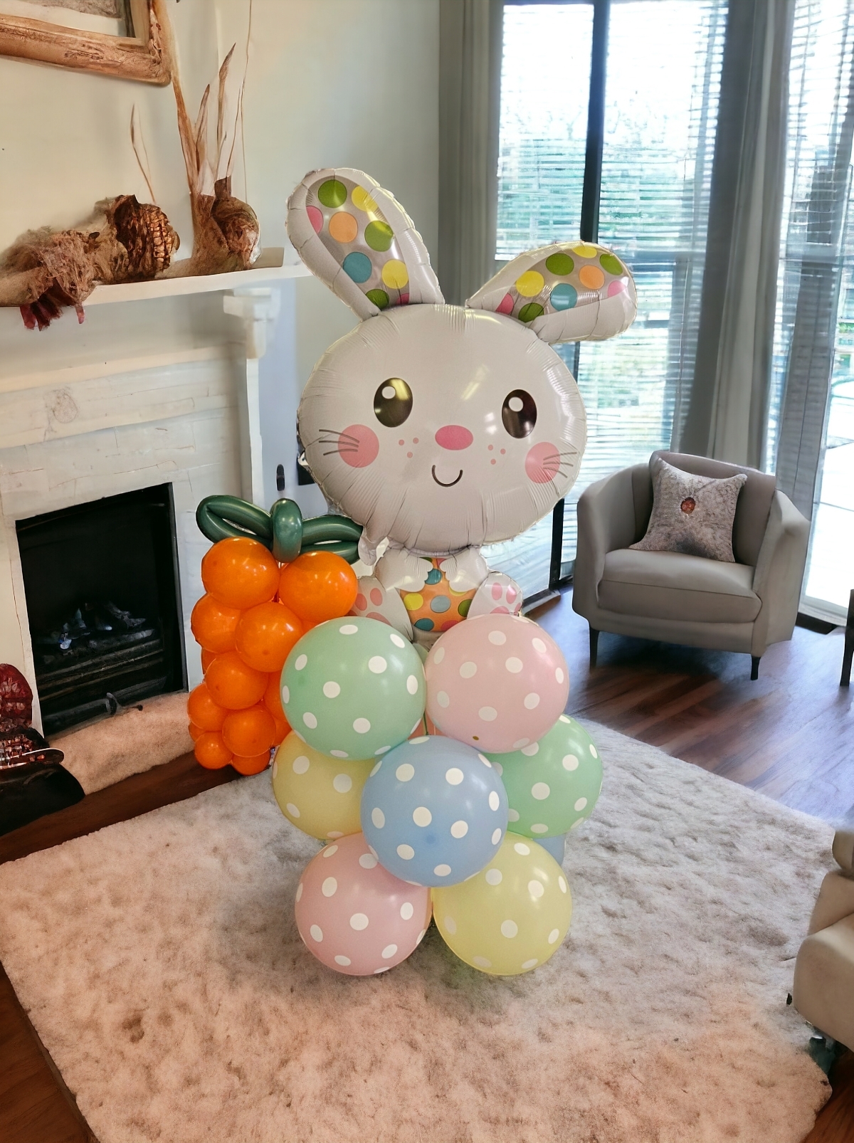 Easter Bunny with carrot and polka dots balloons centerpiece
