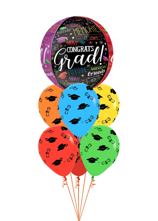 Graduation orbz with 6 latex printed caps balloons