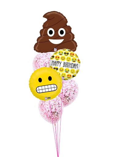 Grimace at the Poo Emoji Birthday Confetti Balloon Bouquet
