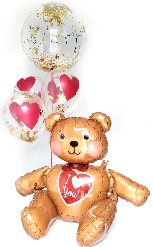 I Love You Bear Bouquet with confetti hearts and bubble