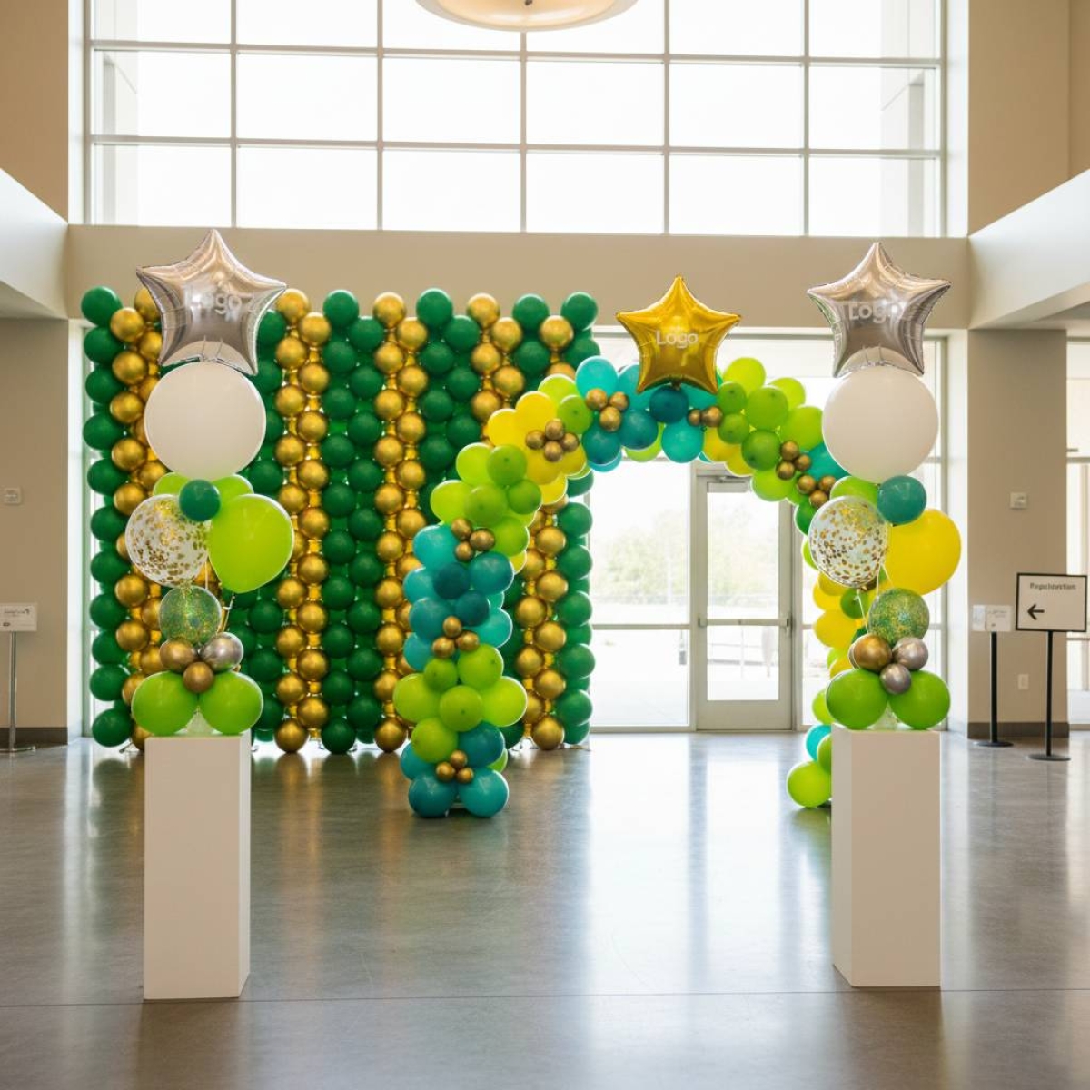 Indoor Arch and Wall Set with custom vinyl logo