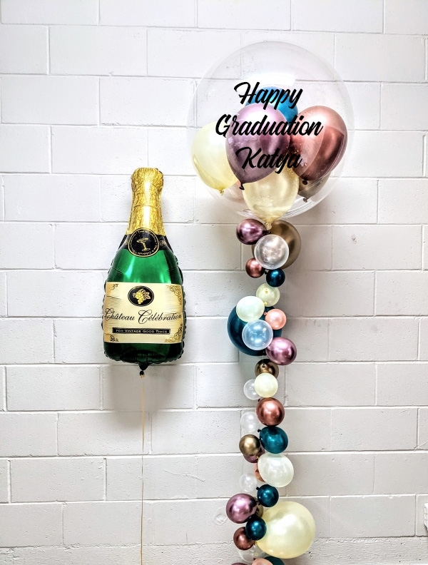 Jewel Sage Cream Pink & Rose Gold Bubble Strand & Champagne Bottle	& Custom Print Balloon Set