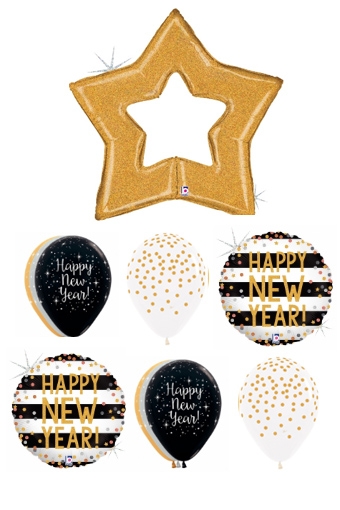 New Years Gold Star with Confetti balloons