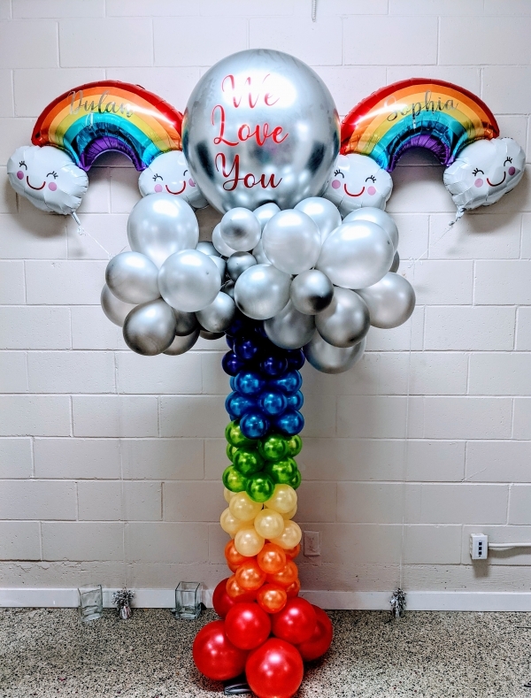 Outdoor Silver Lining Cloud & Rainbow Balloon Column Set With 3 Custom Prints