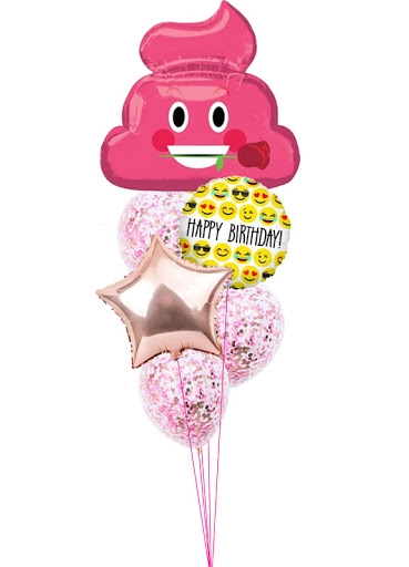 Pink Poo Emoji with Rose Gold Star Birthday Confetti Balloon Bouquet