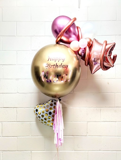 Pretty Hat Floating Balloon Scupture In Chrome Gold With Custom Print