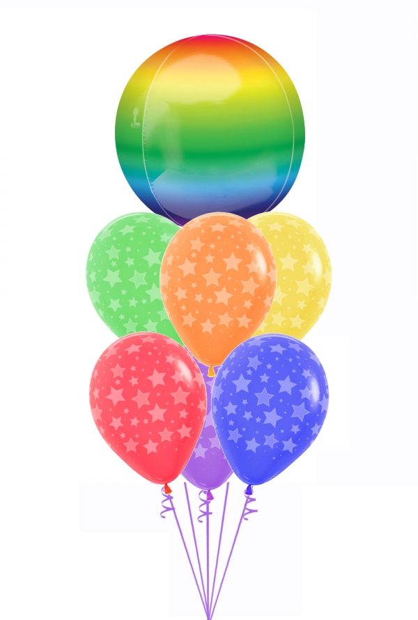 Rainbow Orbz with starts on latex balloons