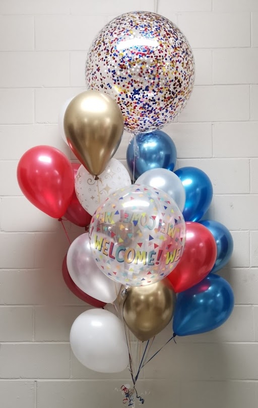 Red, Blue, Gold & White Welcome Confetti Balloon Bouquet