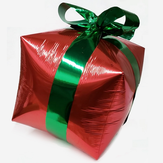 Red CubeZ Christmas Gift Box Balloon w Green Ribbon AIR FILL DOES NOT FLOAT