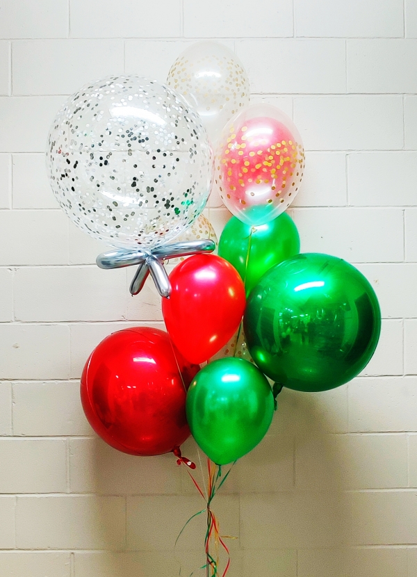 Red Green Gold & Silver Christmas Confetti Balloon Bouquet