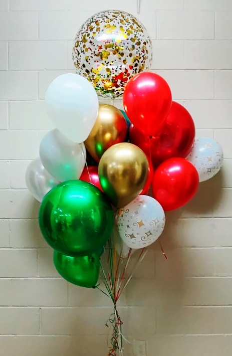 Red Green Gold & White Christmas Confetti Balloon Bouquet