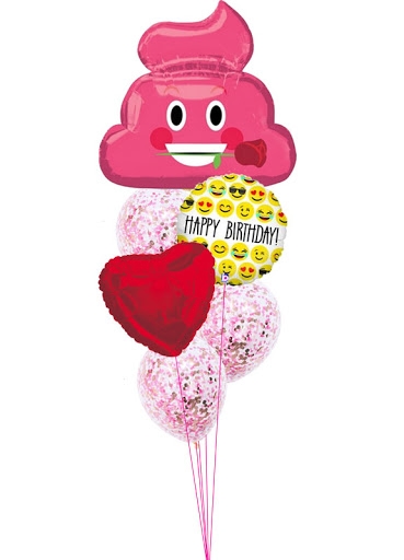 Romantic Pink Poo Emoji with Heart Birthday Confetti Balloon Bouquet