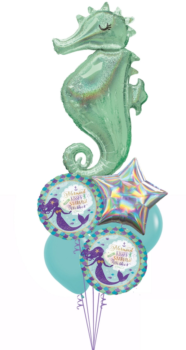 Seahorse and mermaids with iridescent star bouquet