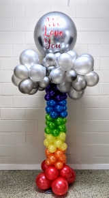 7FT Silver Lining Cloud & Rainbow Balloon Column With Custom Print INDOOR