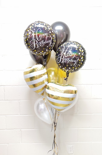 Simple Classic Black White and Gold Heart Birthday Balloon Bouquet 