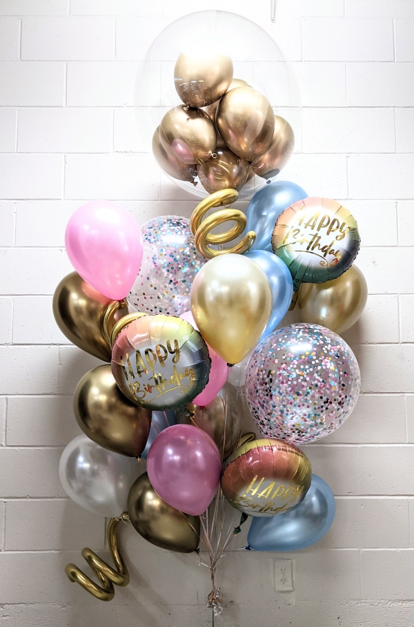 So Pretty in Champagne, Blue, Pink, White & Chrome Gold Birthday Balloon Bouquet
