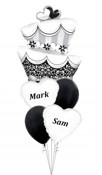 Custom Name Heart Cake Wedding Bouquet Monochrome